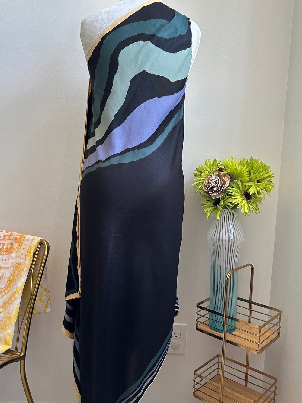 RACHEL Rachel Roy Asymmetrical Silky Dress with Teal, Mint & Beige Trim - Picture 6 of 13